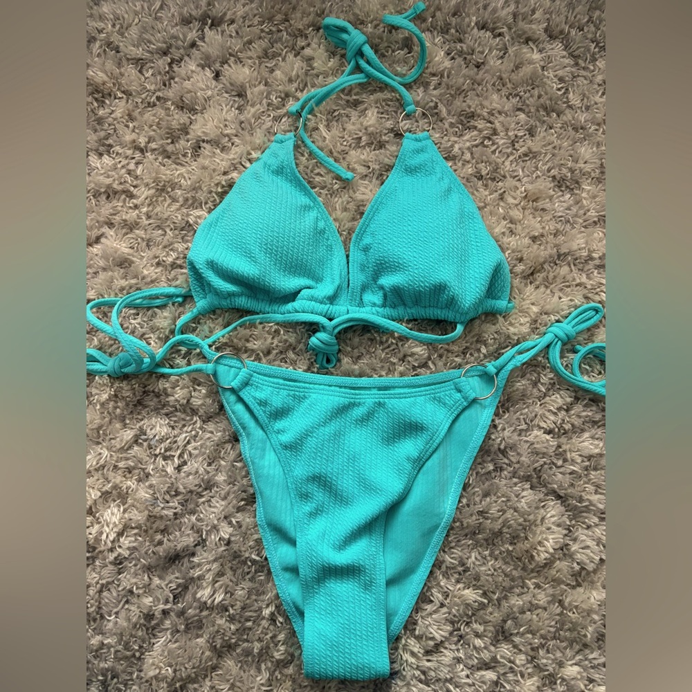 SHEIN Blue Bikini Set Halter Style with Tie Closures